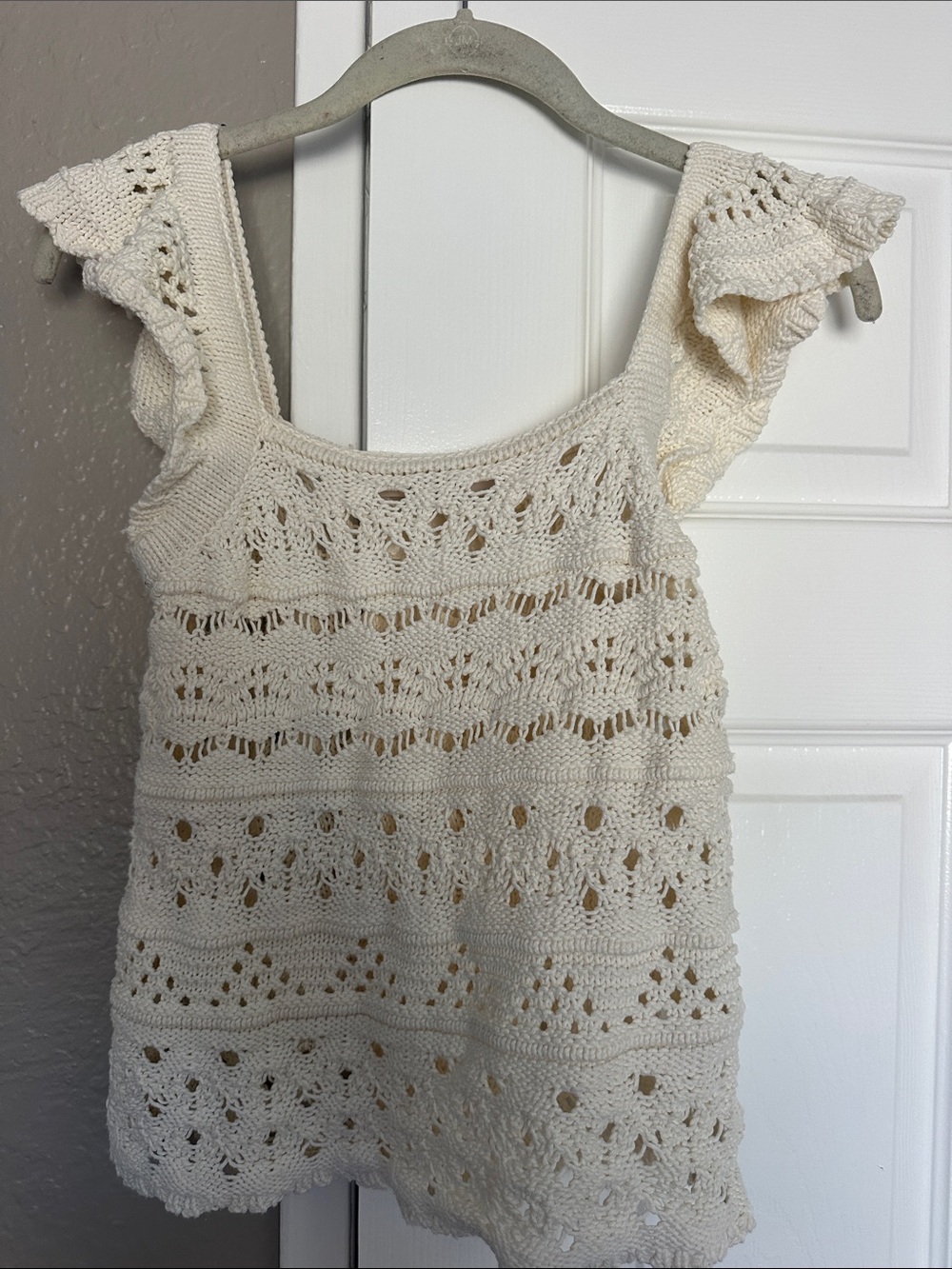 LOFT Cream Crochet Knit Ruffle-Sleeve Top
